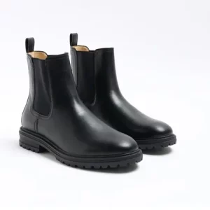 Black Leather Lug-Sole Chelsea Boots