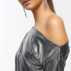Silver off Shoulder Bodycon midi Dress