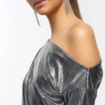 Silver off Shoulder Bodycon midi Dress