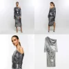 Silver off Shoulder Bodycon midi Dress