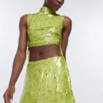 Green Sequin Wrap Mini Skirt