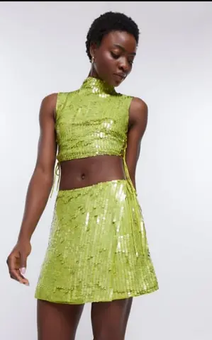Green Sequin Wrap Mini Skirt