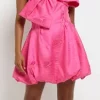 Peyitr Pink Satin One Shoulder Bow Mini Dress