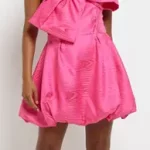 Peyitr Pink Satin One Shoulder Bow Mini Dress