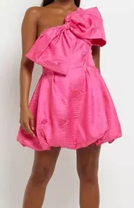 Peyitr Pink Satin One Shoulder Bow Mini Dress