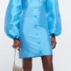 Blue Puff Sleeve Bardot Mini Dress