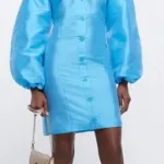 Blue Puff Sleeve Bardot Mini Dress