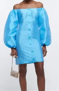Blue Puff Sleeve Bardot Mini Dress