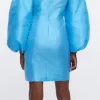 Blue Puff Sleeve Bardot Mini Dress