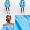 Blue Puff Sleeve Bardot Mini Dress