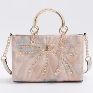 Pink Jacquard Studded Tote Bag