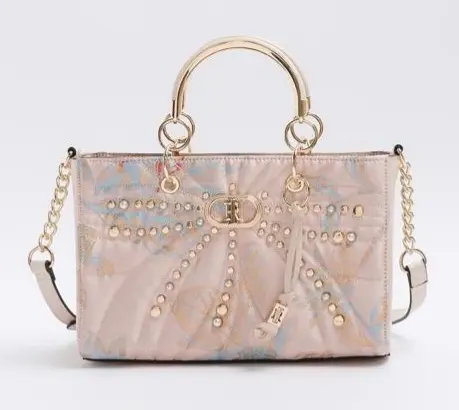 Pink Jacquard Studded Tote Bag