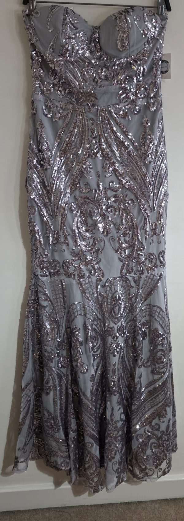 Silver sequin bandeau fishtail maxi dress
