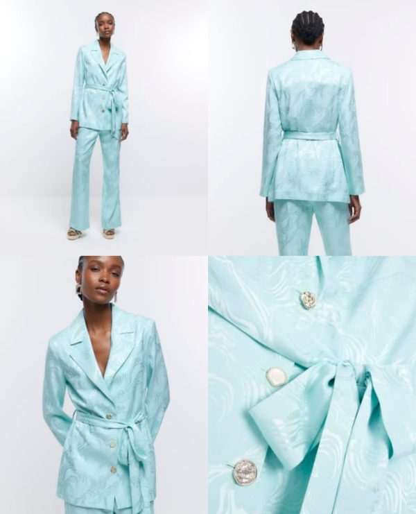 Pluse turquoise satin tie waist blazer & flared trousers