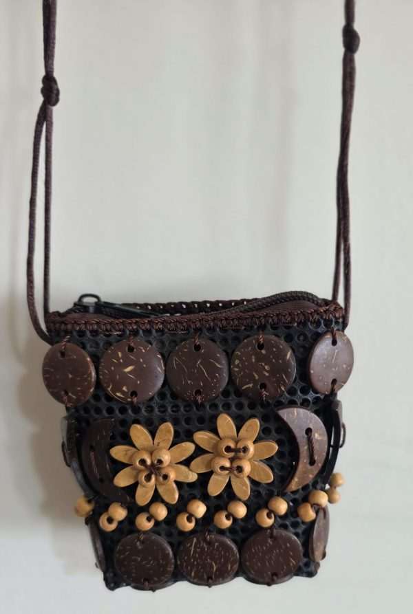 Small brown cocnut shell beaded crossbody pouch