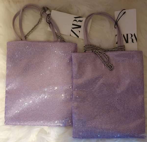 Zara Rhinestone purple mini tote bag with metallic silver crossbody chains