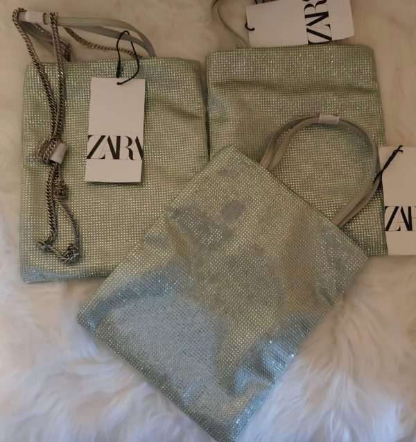 Zara mini green tote bag covered in Rhinestones with a chain strap