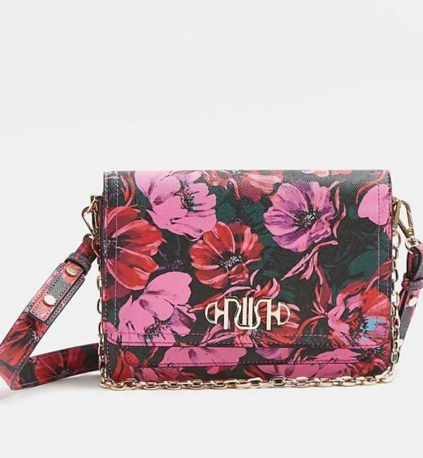 Pink and red floral print crossbody bag